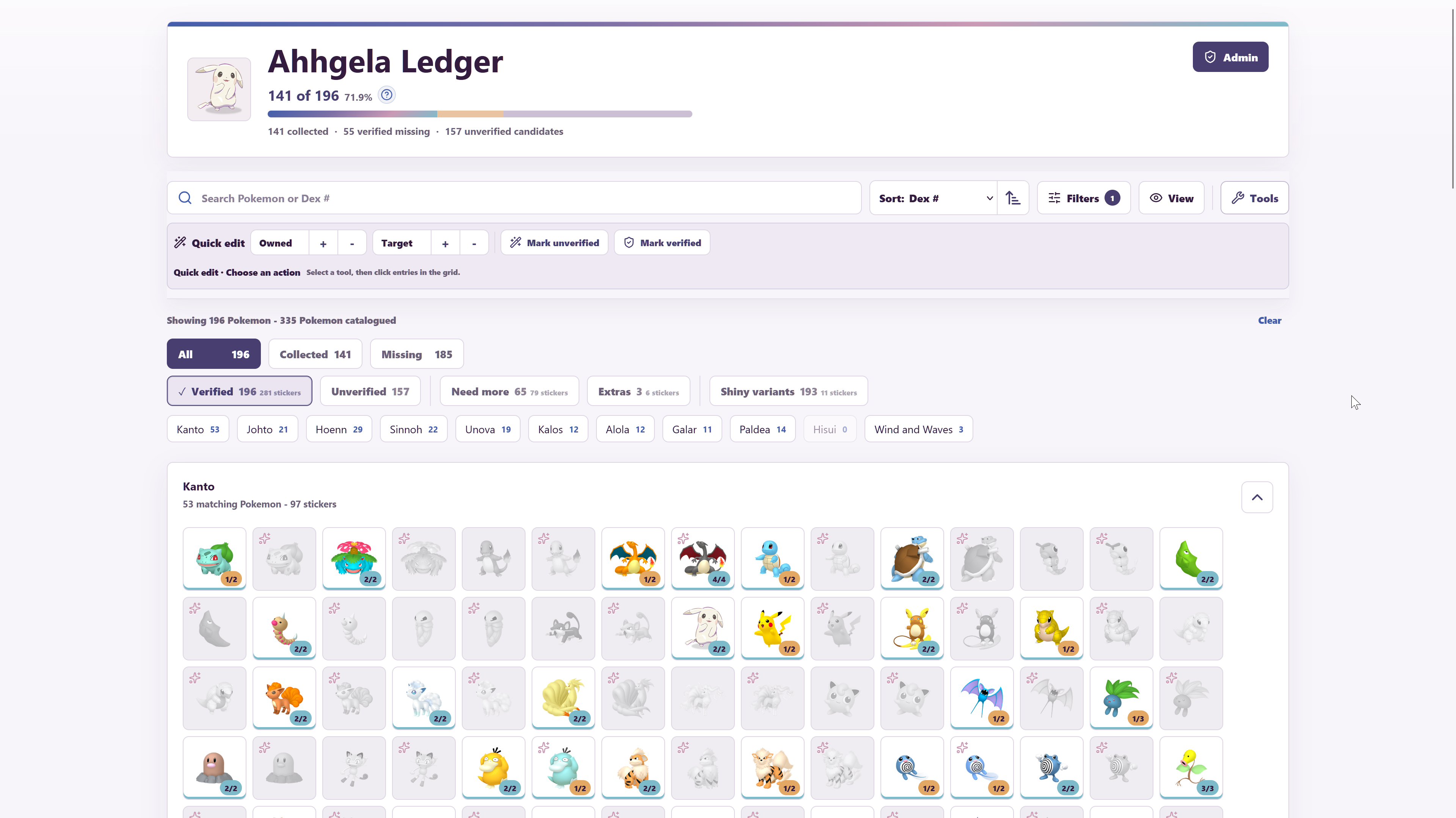Ahhgela Ledger collection overview with summary counts, filters, region groups, and sticker tiles